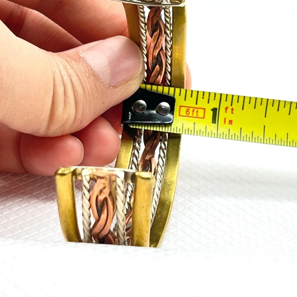 Vintage Copper Tri-Tone Braided Rope Cuff Bracelet w/ Gold and Silver Tone